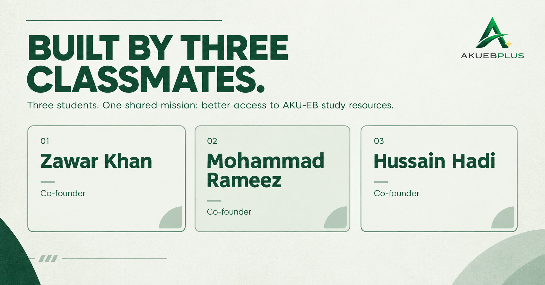 The three AKUEBplus founders: Zawar Khan, Mohammad Rameez, and Hussain Hadi, with their respective responsibilities
